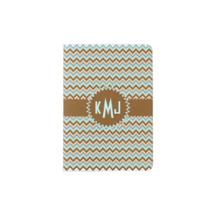 Tan Toast and Turquoise Zigzag Pattern Monogram Passport Holder