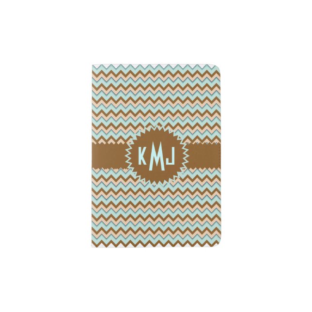 Tan Toast and Turquoise Zigzag Pattern Monogram Passport Holder (Front)