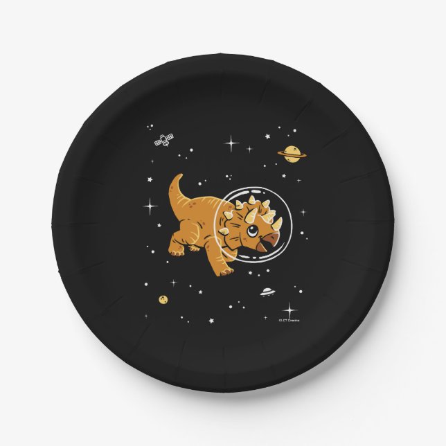 Tan Triceratops Dinos In Space Paper Plates (Front)