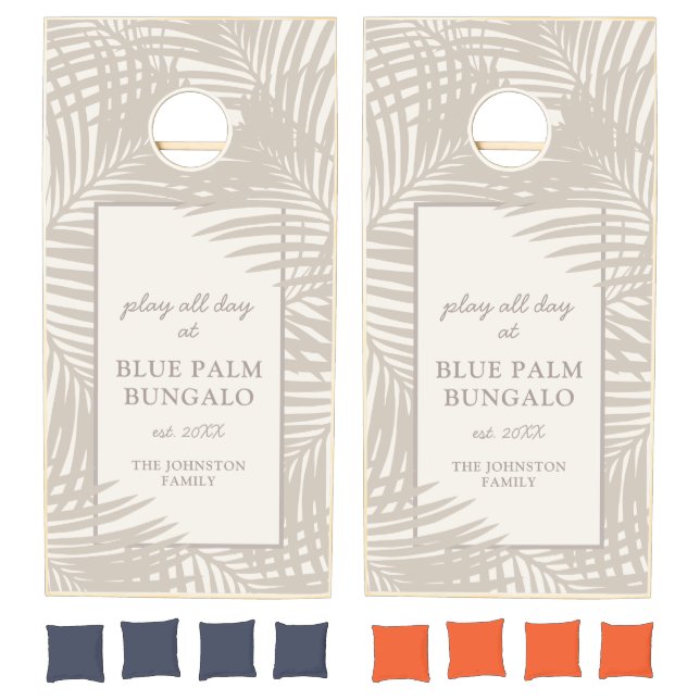 Tan Tropical Palm Pattern Family Beach House Cornhole Set (Set)