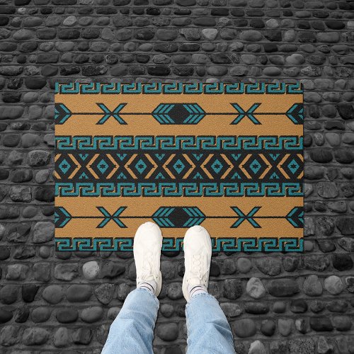 Tan Turquoise Aztec Pattern Southwest Design Doormat