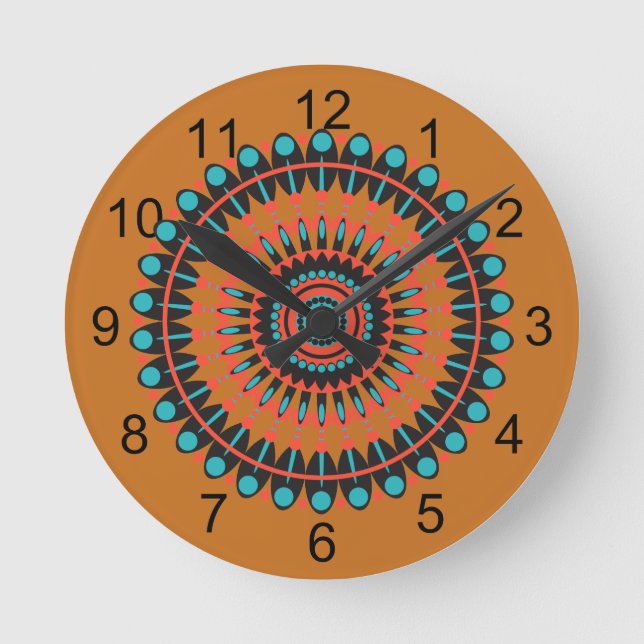 Tan & Turquoise Southwestern BOHO Mandala  Round Clock (Front)