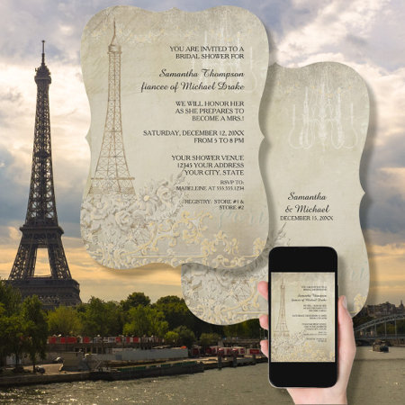 Tan Vintage Paris Parisian Stylish Bridal Shower Invitation