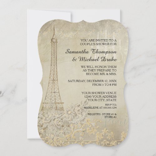 Tan Vintage Paris Parisian Stylish Couples Shower Invitation