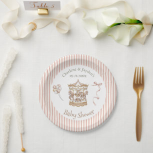 Tan Vintage Watercolor Horse Carousel Baby Shower Paper Plates