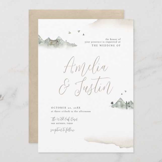 Tan Watercolor Mountain Destination Wedding Invitation (Front/Back)
