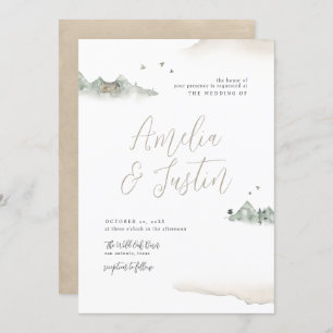 Tan Watercolor Mountain Destination Wedding Invitation
