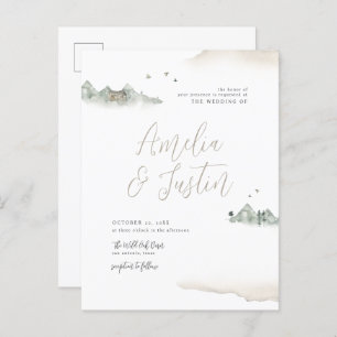 Tan Watercolor Mountain Destination Wedding Invitation Postcard