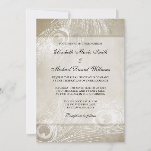 Tan Watercolor Peacock Feathers Wedding Invitation