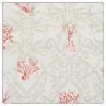 Tan Weathered Vintage Beach Ocean Red Coral Damask Fabric