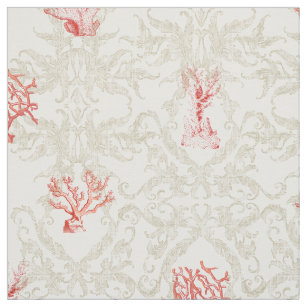 Tan Weathered Vintage Beach Ocean Red Coral Damask Fabric