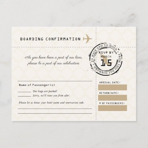 Tan Wedding RSVP Boarding Pass to Mexico Postcard