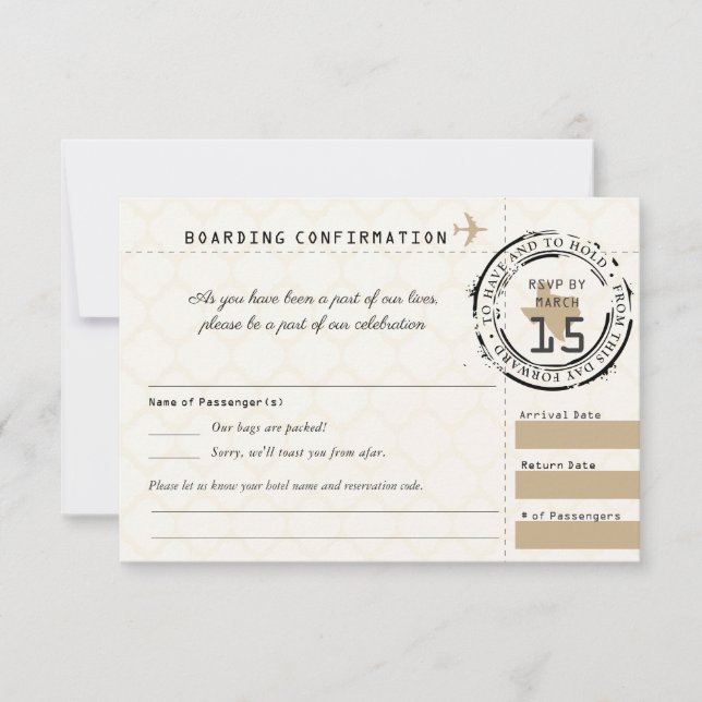 Tan Wedding RSVP Boarding Pass to Texas Card (Front)