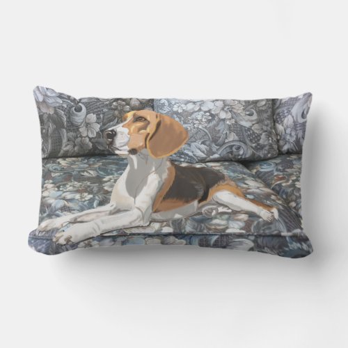 Tan White  Black Beagle on a blue floral sofa Lumbar Pillow