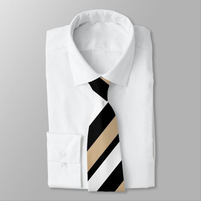 Tan White & Black Diagonally-Striped Tie (Tied)