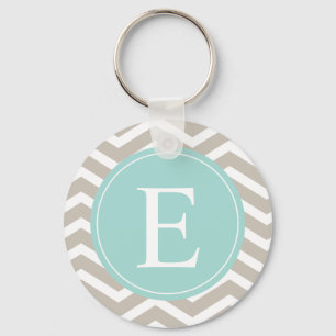 Tan White Chevron Teal Monogram Keychain