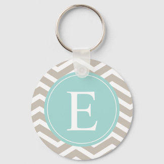Tan White Chevron Teal Monogram Keychain