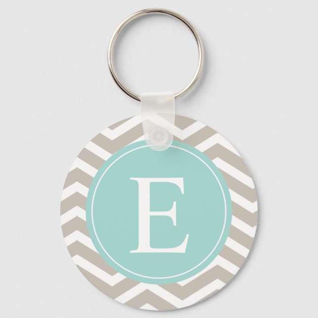 Tan White Chevron Teal Monogram Keychain (Front)