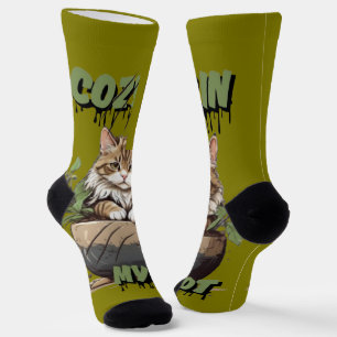 Tan & White Cute Cat Pot Design Socks