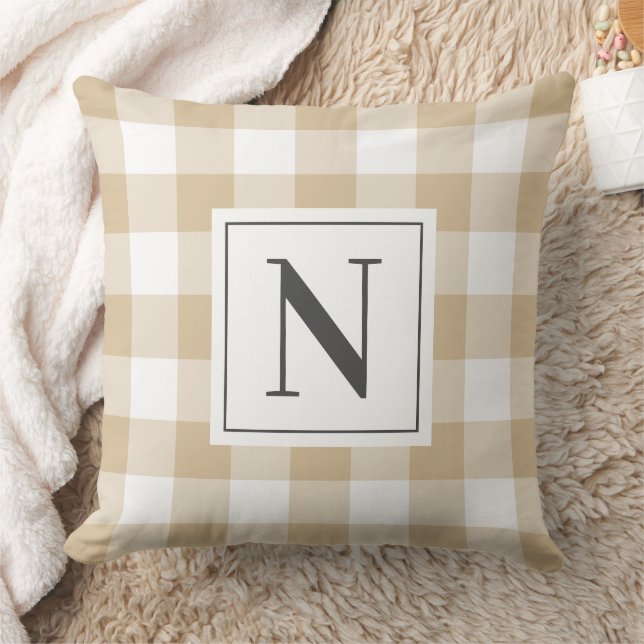 Tan White Gingham Check Monogram Initial Throw Pillow (Blanket)