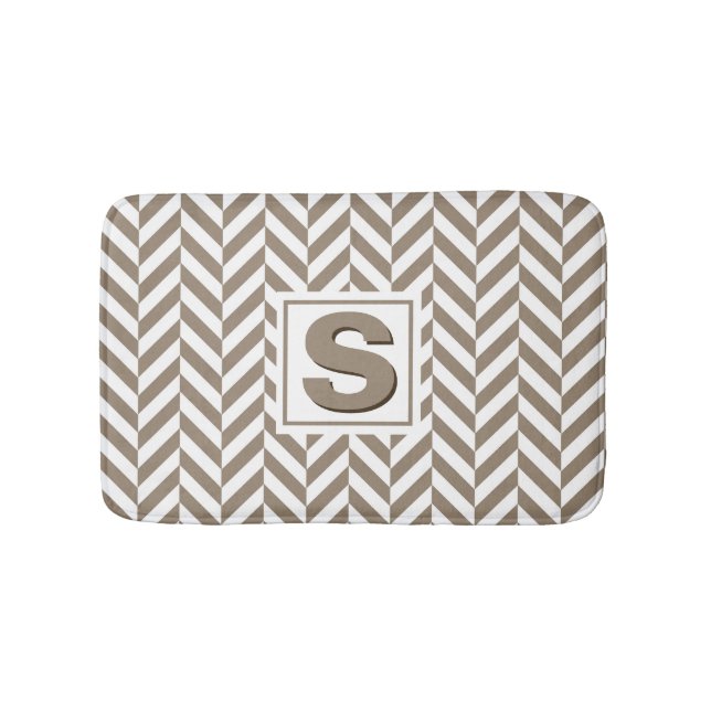 Tan White Herringbone Monogram Bath Mat (Front)