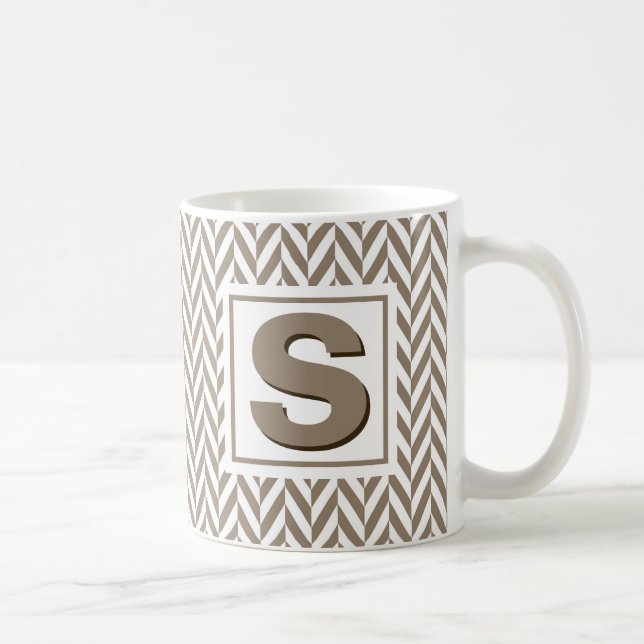 Tan White Herringbone Monogram Coffee Mug (Right)