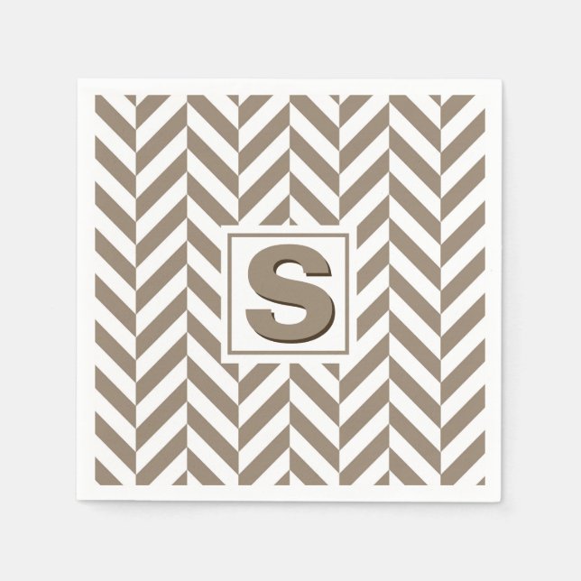 Tan White Herringbone Monogram Napkins (Front)