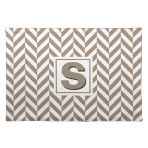 Tan White Herringbone Monogram Placemat