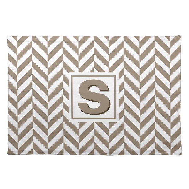 Tan White Herringbone Monogram Placemat (Front)