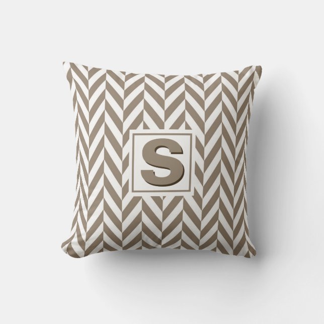 Tan White Herringbone Monogram Throw Pillow (Front)