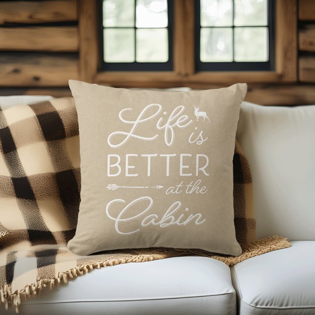 Tan & White Life Is Better At The Cabin Throw Pillow (Creator Uploaded)