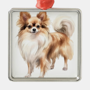 TAN & WHITE LONG HAIRED CHIHUAHUA DOG METAL ORNAMENT