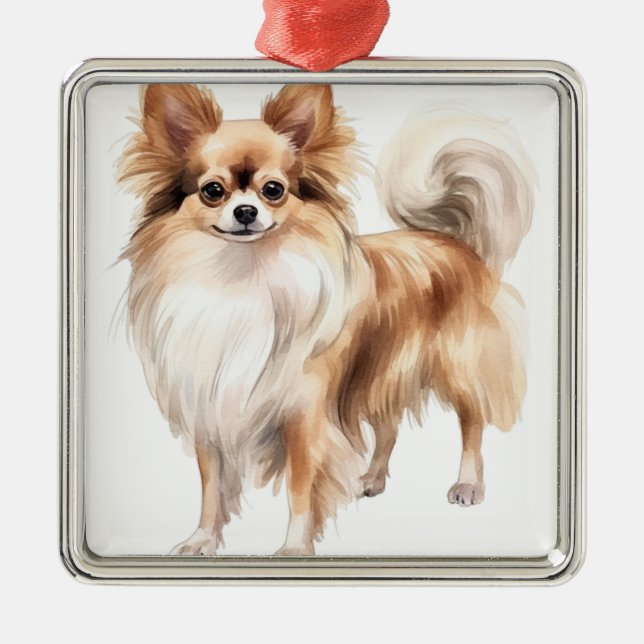 TAN & WHITE LONG HAIRED CHIHUAHUA DOG METAL ORNAMENT (Front)