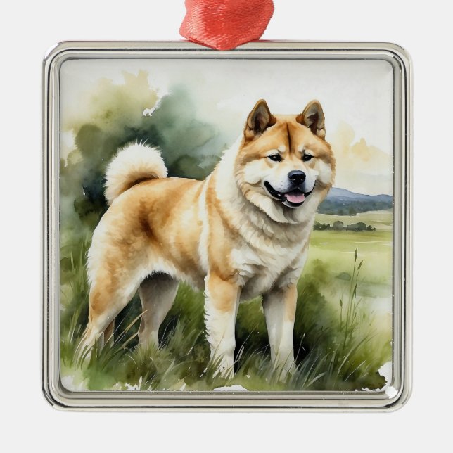 TAN & WHITE WATERCOLOR AKITA DOG METAL ORNAMENT (Front)