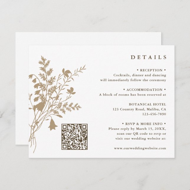 Tan & White Wildflower Bouquet Wedding Details Enclosure Card (Front/Back)