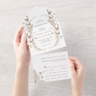 Tan & White Wildflower Silhouette Wreath Wedding All In One Invitation