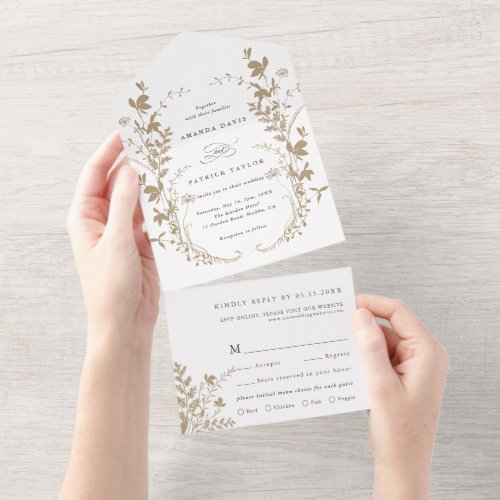 Tan  White Wildflower Silhouette Wreath Wedding  All In One Invitation