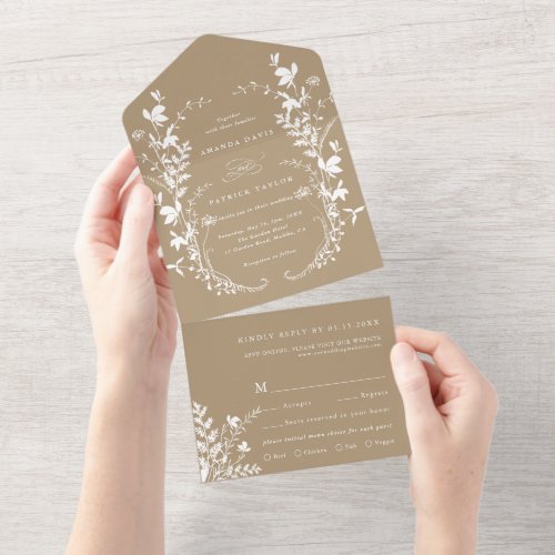 Tan  White Wildflower Silhouette Wreath Wedding All In One Invitation