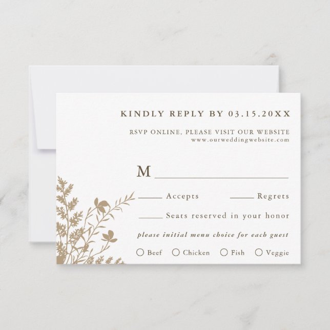 Tan & White Wildflower Wedding Meal Choice RSVP Card (Front)