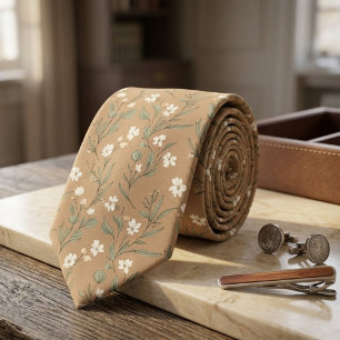 Tan Wildflower Delicate White Blossom & Leaves Neck Tie