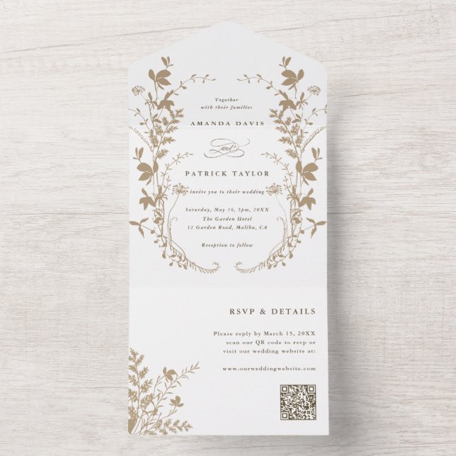 Tan Wildflower Silhouette Wreath Wedding All In One Invitation (Inside)