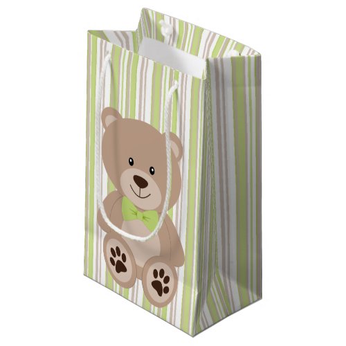 TAN WITH TEDDY BEAR WITH GREEN BOW TIE  STRIPES SMALL GIFT BAG