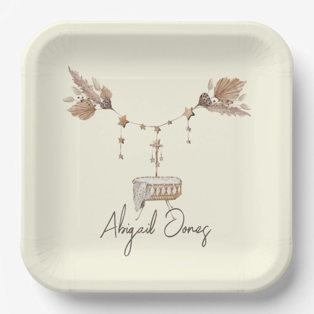 Tan & Yellow Pampas Baby Shower Custom Paper Plates (Front)