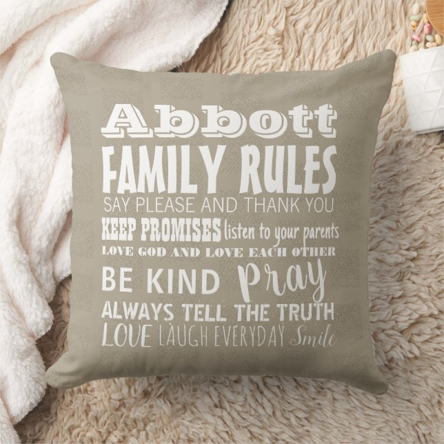 Tan Your Family Name Family Rules Established Date Throw Pillow (Blanket)