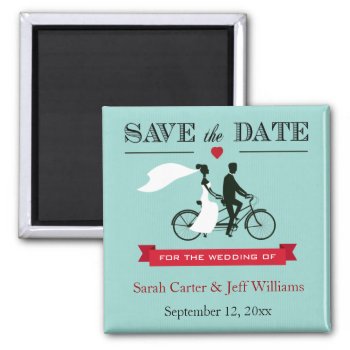 Tandem Bicycle Aqua And Red Save The Date Magnets by PMCustomWeddings at Zazzle