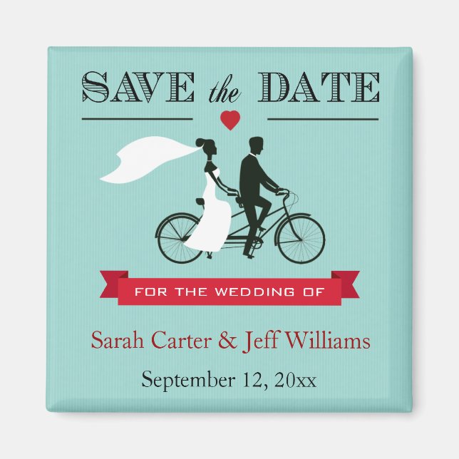 Tandem Bicycle Aqua and Red Save the Date Magnets (Front)