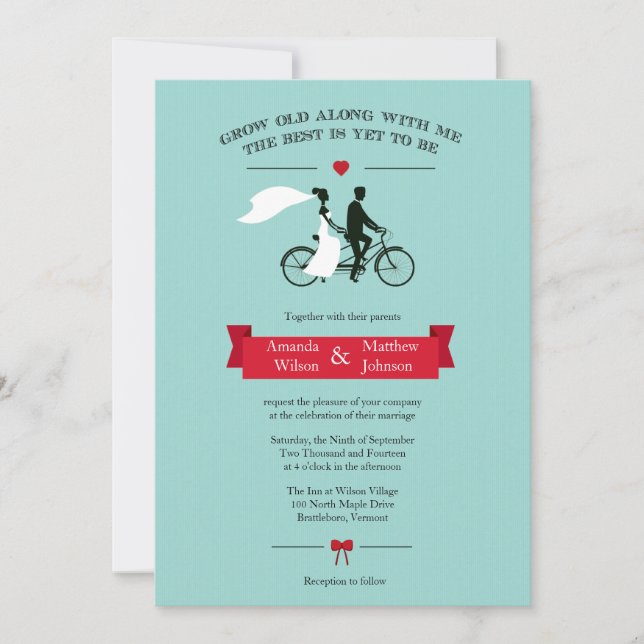 Tandem Bicycle Aqua and Red Wedding Invitations (Front)