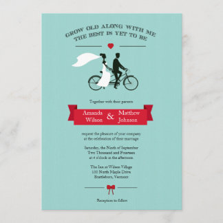 Tandem Bicycle Aqua and Red Wedding Invitations