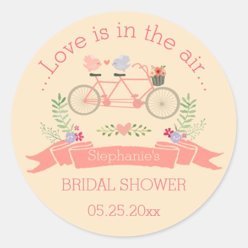 Tandem Bicycle Birds and Banner Bridal Shower Classic Round Sticker