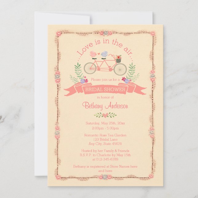 Tandem Bicycle, Birds and Banner Bridal Shower Invitation (Front)